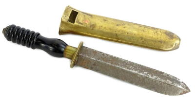 An early 20thC diver's knife, with black handle and heavy brass scabbard, probably Siebe Gorman. (AF)