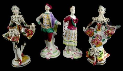 A pair of Spode porcelain "Chelsea" figurines, each on a rococo scroll base, 22cm H, and two further figurines. (4)