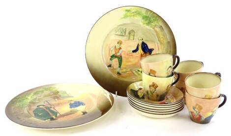 A Royal Doulton Dickensware part tea service, to include plates moulded in relief with The Fat Boy etc.