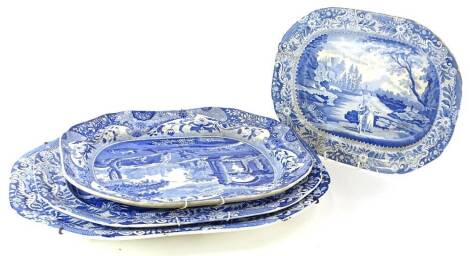 Three 19thC Brameld blue printed pottery graduated sized meat dishes, each decorated with an exotic lake scene with a gentleman with a fishing rod etc. and a Copeland blue and white printed meat dish. (4)