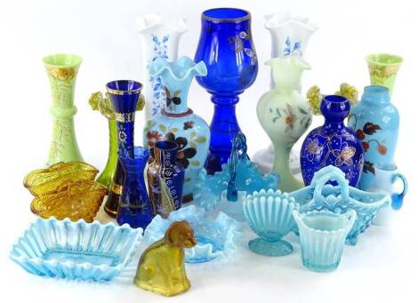 A collection of Victorian glass, to include some pieces with hand painted enamel colours, turquoise pressed moulded Sowerby type pieces etc.