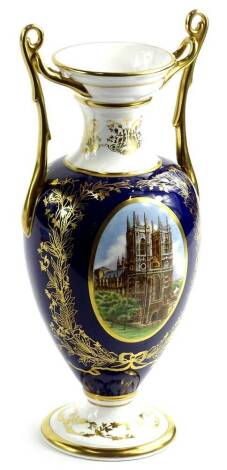 A Spode 1997 Golden wedding commemorative porcelain vase, made to commemorate the Wedding anniversary of Her Majesty the Queen and HRH The Duke of Edinburgh, limited edition number 27 of 100 pieces, in original box with packaging and certificate.