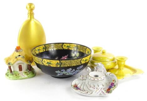 A Maling yellow glazed pottery part dressing table set, a Continental porcelain inkwell, Staffordshire pastel burner, Wiltshaw and Robinson Carltonware bowl and a modern Murano gilt glass decanter and stopper.