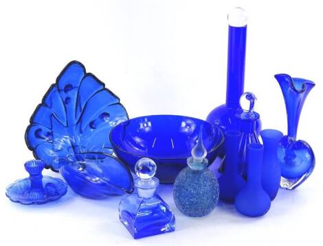 A collection of blue glass, to include vases, bowls, scent bottles etc.