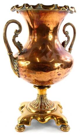 A Victorian copper and brass tea urn or samovar, with two handles on a square base, lacking cover.