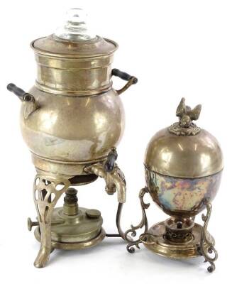 A silver plated egg boiler, with bird shaped finial and paraffin burner, and a similar silver plated percolator.