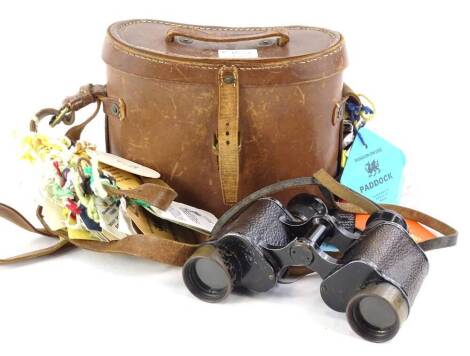 A set of Air Ministry binoculars, in fitted case, stamped Binocular Prismatic number 2 case mark 1 and various horse racing members badges.