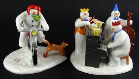 Two large Coalport Snowman characters, Hold on Tight and The Band Plays On snowman figures, boxed.