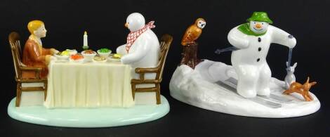 Two large Coalport Snowman characters, Dinner for Two and Off Piste snowman figures, boxed.