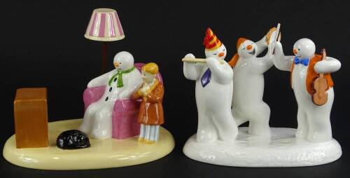 Two large Coalport Snowman characters, A Cold Night In and All Together Now snowman figures, boxed.