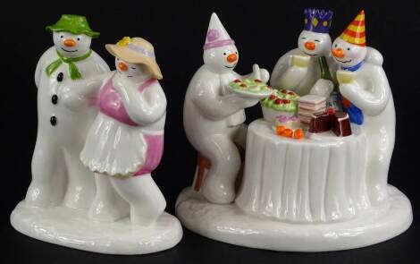 Two Coalport Snowman characters, The Bashful Blush and The Merry Trio snowman figures, boxed.