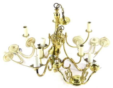 Various brass and other light fittings, to include a five branch chandelier.