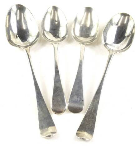 Four silver spoons, to include a pair of 18thC table spoons, each with engraved bowls and two dessert spoons, various marks, 5¾oz overall.