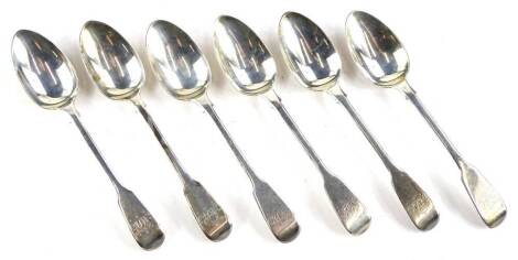 A set of six William IV fiddle pattern teaspoons, each engraved with a monogram, London 1936, possibly by Mary Chawner, 3¼oz.