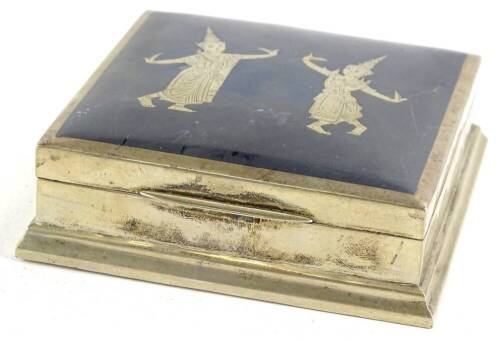 A continental white metal cigarette box, the hinged lid decorated with Niello dancing figures, enclosing a wooden lined interior, indistinctly stamped Made in Siam, Sterling, 10cm W.