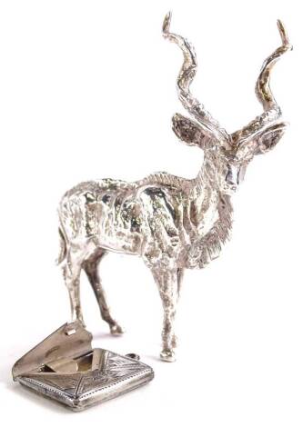 A collection of small silver etc., to include a model of a Kudu stamped 958, an envelope shaped stamp box etc.