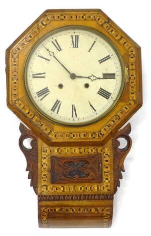 A late 19thC American drop dial clock, in a walnut and parquetry case, with painted dial, 68cm L.