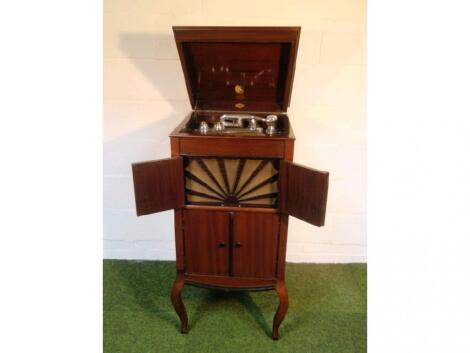 A mahogany cabinet gramophone with labels for The London and Midland Piano Company Ltd.