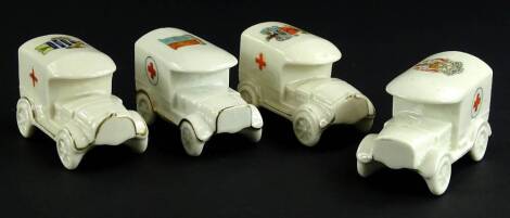 Four crested porcelain First World War ambulances, crests to include Wrexham, Windermere, Worthing and Peterborough.