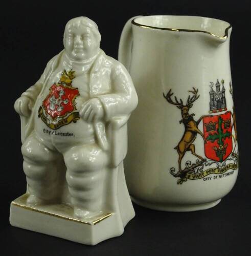 A crested porcelain figure of Daniel Lambert, and a crested jug for City of Nottingham. (2)