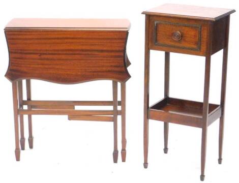 A mahogany tea table, the shaped top with a moulded edge on square tapering legs with spade feet, 59cm W, and a mahogany work table with a hinged lid.