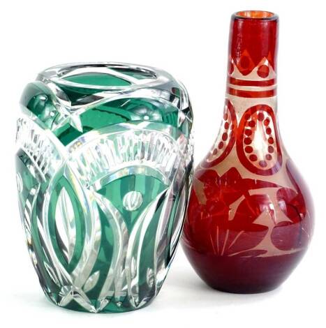 A green flash cut glass vase in the manner of Val St Lambert, 19cm H and a Bohemia style bottle shaped vase (AF).