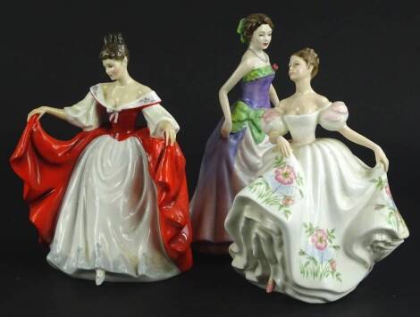 Three Royal Doulton porcelain figurines, Sara, Jessica and Lucy.