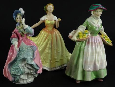 Three Royal Doulton porcelain figurines, Spring Morning, Daffy Down Dilly and Deborah