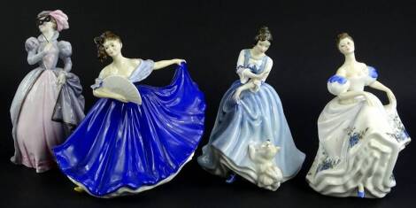 Three Royal Doulton porcelain figurines, Lorraine, Elaine, Beatrice and a Royal Worcester figurine Masquerade (4).