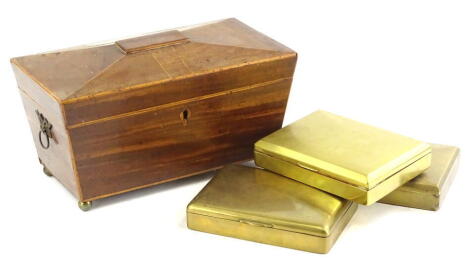 A Victorian mahogany tea caddy, three silver plated cigarette boxes and a French plated ashtray. (5)