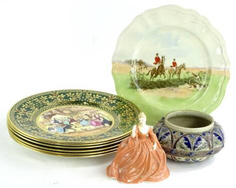 A collection of ceramics, to include a Royal Doulton In The Vale pattern hunting plate, Coalport figure Natalie, a stoneware bowl (incomplete) and various Caverswall Christmas plates.