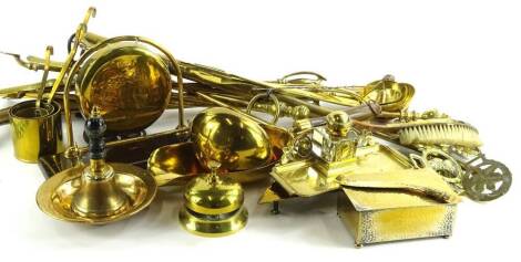 A collection of brass etc., to include horse hames, ink stand, various ladles etc.