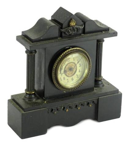 A late 19thC French black slate and metal portico shaped mantel clock, the dial with Roman numerals on a plinth base, 16cm W.