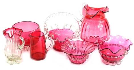 Various items of Victorian cranberry tinted glass, to include jugs, bowls, basket etc.