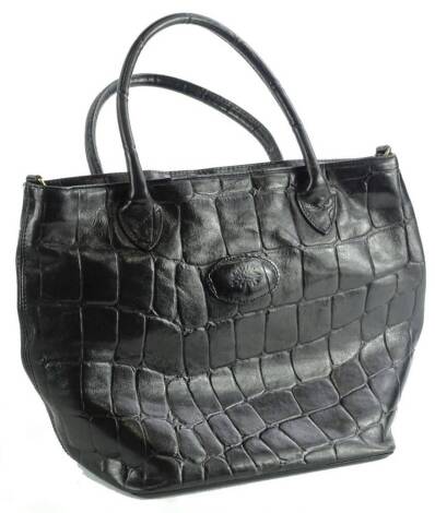 A black leather Mulberry handbag, with crocodile effect embossed leather, with shoulder strap and dustbag.