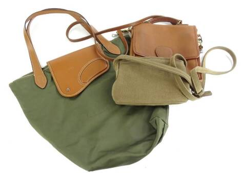 A Coach tan leather satchel, no. 0661-354, a Ralph Lauren shopping tote in olive green nylon with tan handles, and a Coach across the body bag in taupe suede, no. J50-4945 (3).