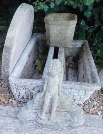 Two similar rectangular composite garden troughs, and a garden statue of a boy etc.