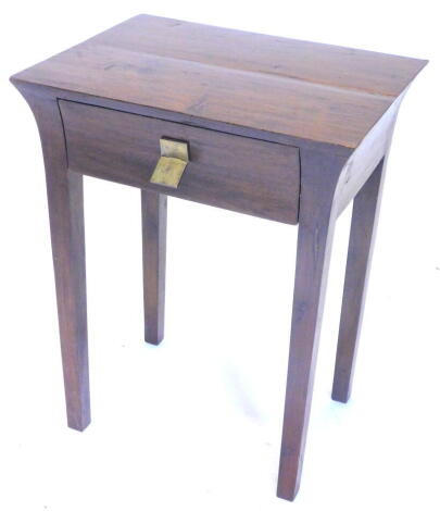 A hardwood side table, rectangular top with a frieze drawer with a hinged brass handle, on square tapering legs, 50cm W.