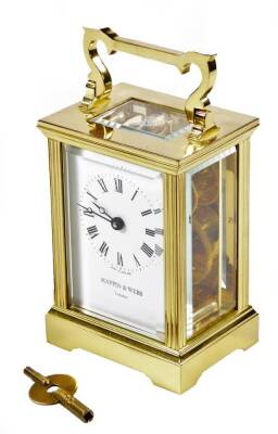 A 20thC Mappin & Webb carriage clock, with a five part glass case, 5.5cm W, Roman numeric dial, on bracket feet, with a keywind movement and single train action, 14cm H.