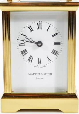 A 20thC Mappin & Webb carriage clock, with a five part glass case, 5.5cm W, Roman numeric dial, on bracket feet, with a keywind movement and single train action, 14cm H. - 2