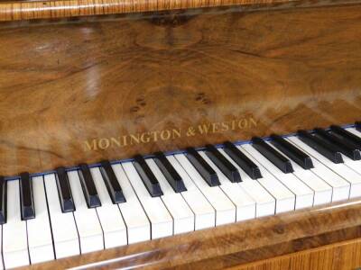 An Art Deco Monington & Weston walnut cased baby grand piano, with overstrung metal frame and adjustable inner music stand, with two pedals, 99cm H, 145cm W, 131cm D, and a piano stool. (2) - 4