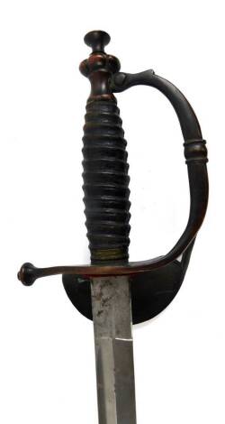 An officer's sword, with leather scabbard and narrow blade, with turned handle and compressed crown pommel, with C shape guard, 102cm W.