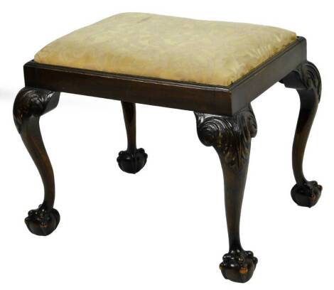 A George III style mahogany stool, of rectangular form with drop in seat on cabriole scroll legs terminating in ball and claw feet, 50cm H, 55cm W, 43cm D.