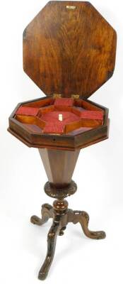 A Victorian walnut trumpet sewing box, the octagonal top with hinged lid and fitted interior, raised on a shaped stem terminating in carved cabriole legs, 76cm H, 43cm W, 43cm D. - 2