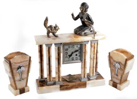 A French Art Deco marble and chrome plated mantel clock garniture, the square 9cm dial with Arabic numerals with diamond shaped pendulum, in a classical case surmounted by a child, bird and kitten, flanked by a two vase garniture, 8-day keywind movement,