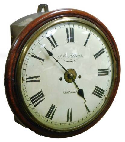 S E Atkins Cornhill, London. An early 19thC mahogany cased wall clock, of circular form with 30cm Dia. Roman numeric dial, signed and titled, revealing a double fusee movement with alarm, 40cm H.