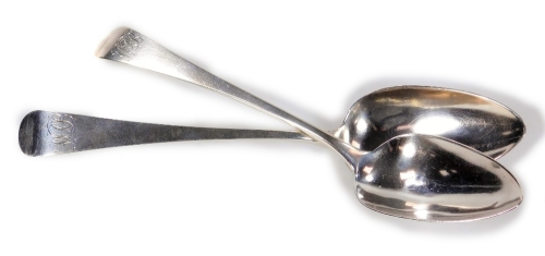 A pair of George III silver tablespoons, Old English pattern, initialled, 22cm L, 4oz. (2)