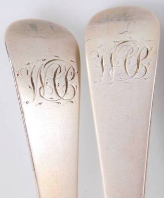 A pair of George III silver tablespoons, Old English pattern, initialled, 22cm L, 4oz. (2) - 2