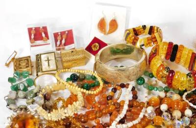 A quantity of costume jewellery, to include beaded necklaces, imitation amber, imitation tiger's eye, drop earrings, cameo style brooch, bangles, earrings, etc. (a quantity) - 2