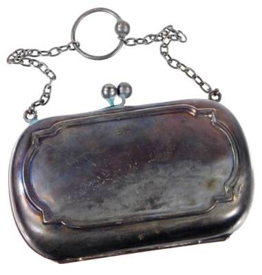 A George V silver coin purse, with chain handle and fitted interior, with orb fastener, Birmingham 1911, 9cm W, 2oz all in.